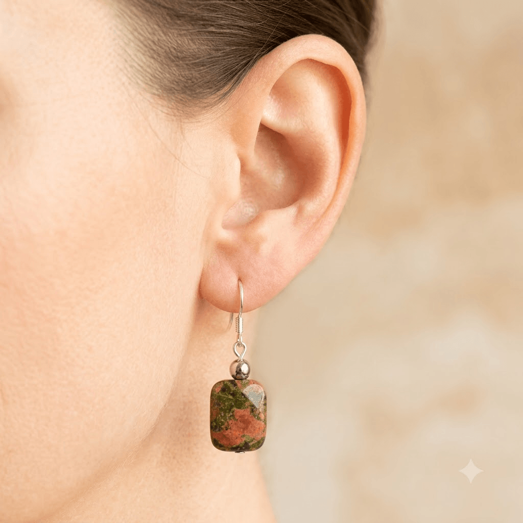 Natural Unakite Square Silver Drop Earrings