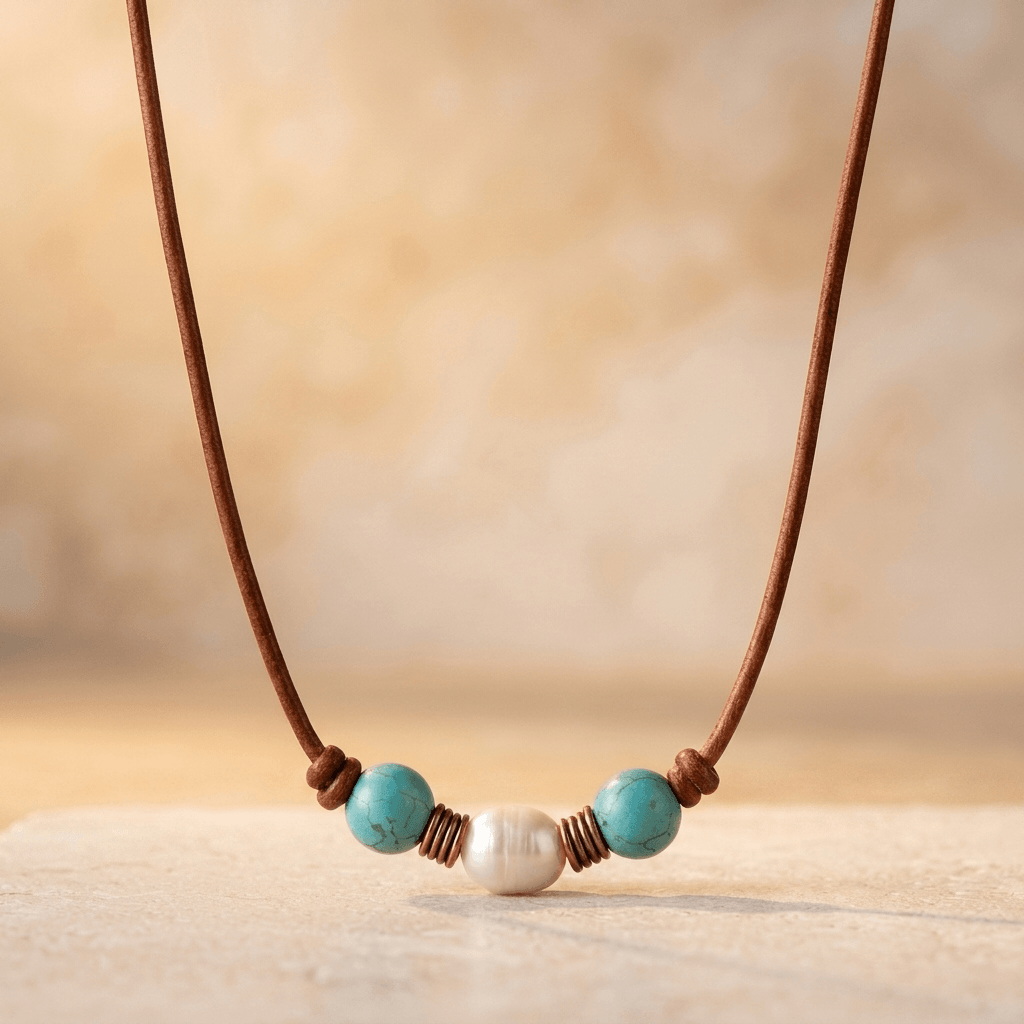 Turquoise Pearl Leather Cord Necklace