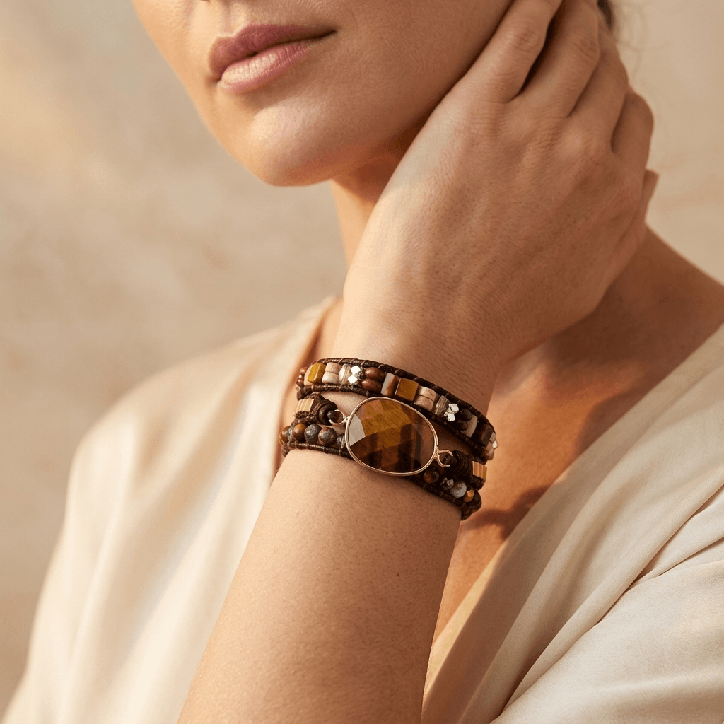 Tiger Eye Natural Stone Gold Wrap Bracelet