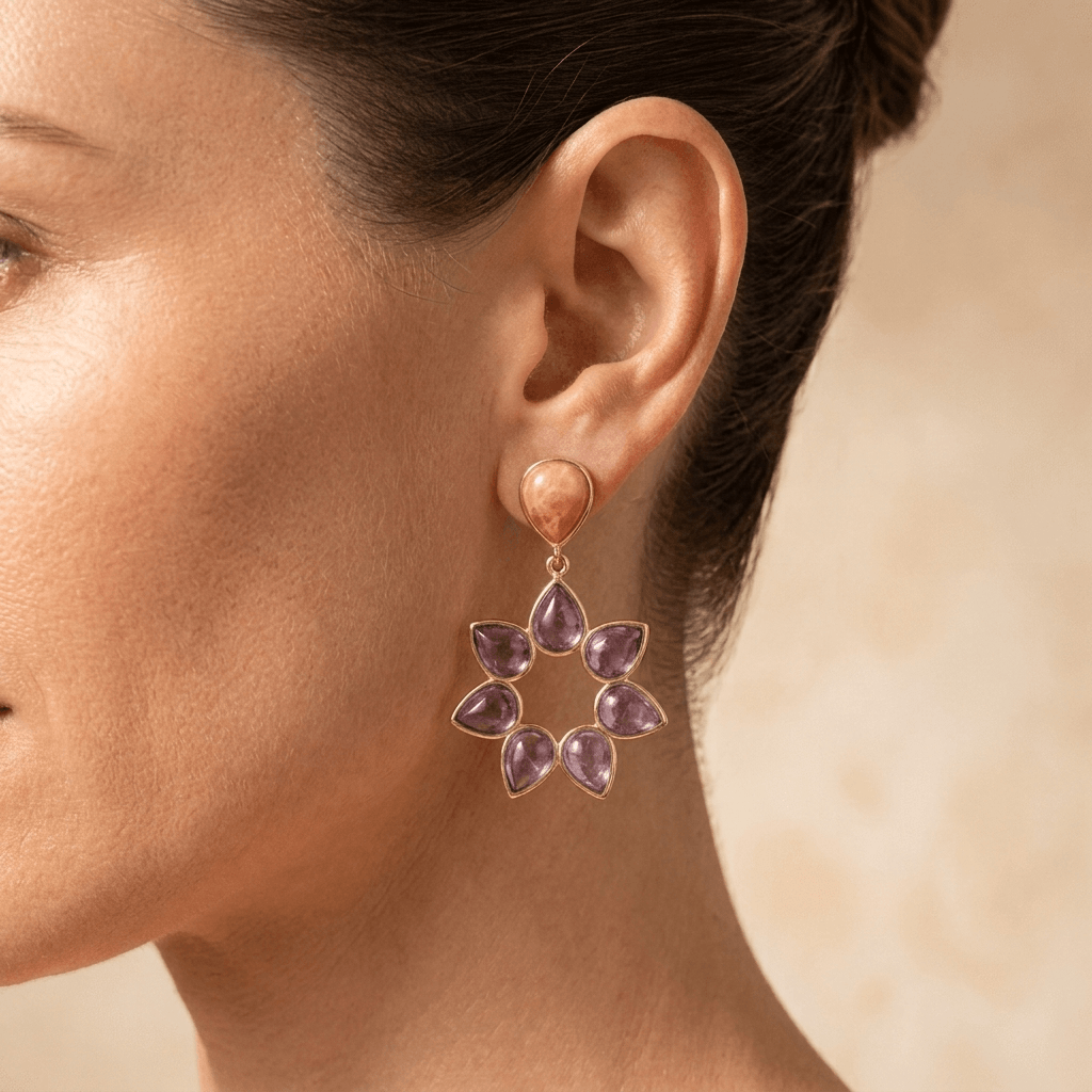 Gold Purple Amethyst Flower Drop Earrings