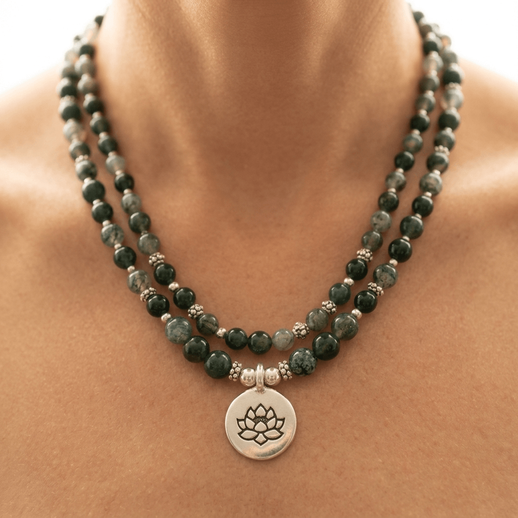 Green Moss Agate Stone Lotus Pendant Necklace