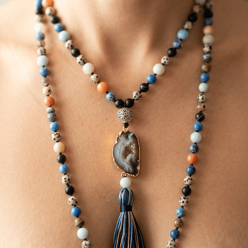 Natural Agate Druzy Mixed Gemstone Tassel Necklace