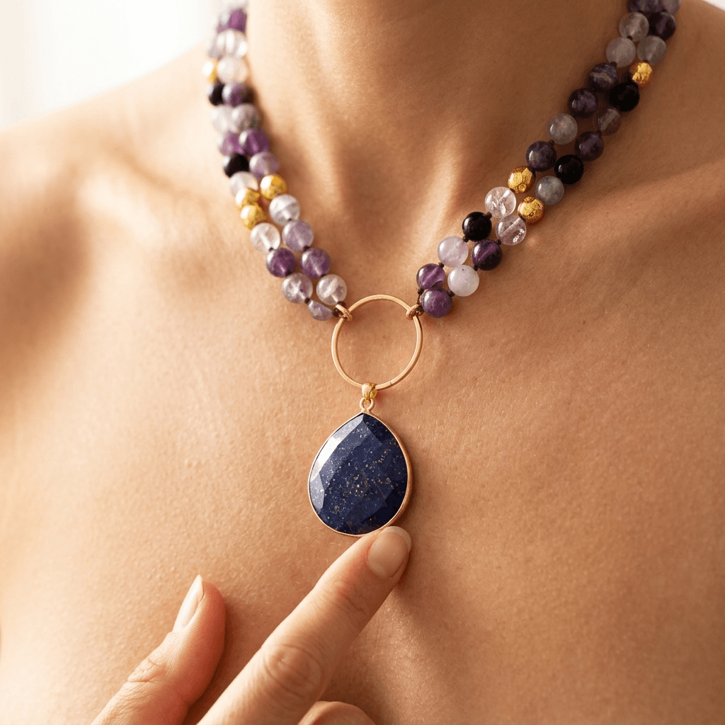 Purple Amethyst Gold Lapis Lazuli Pendant Necklace