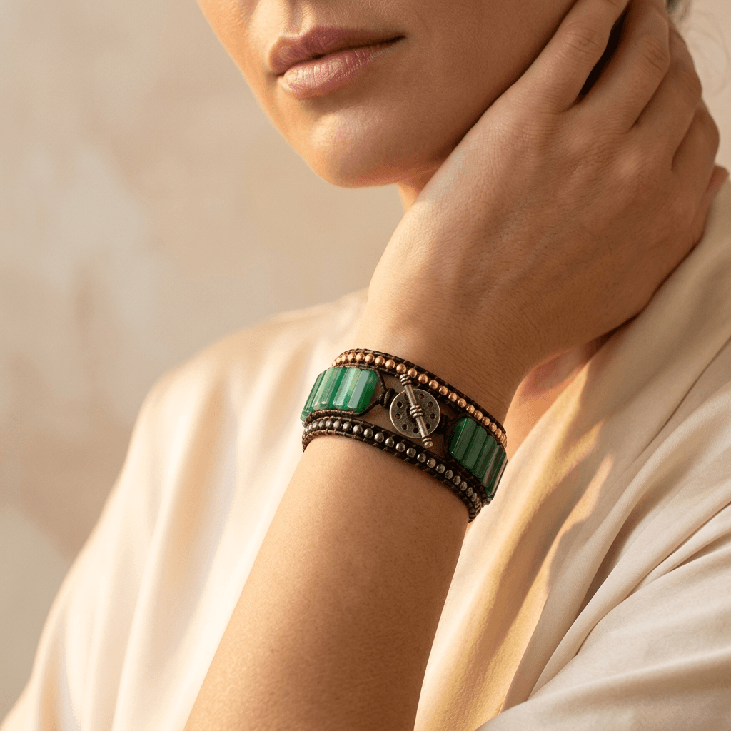 Green Onyx Tube Beads Leather Wrap Bracelet