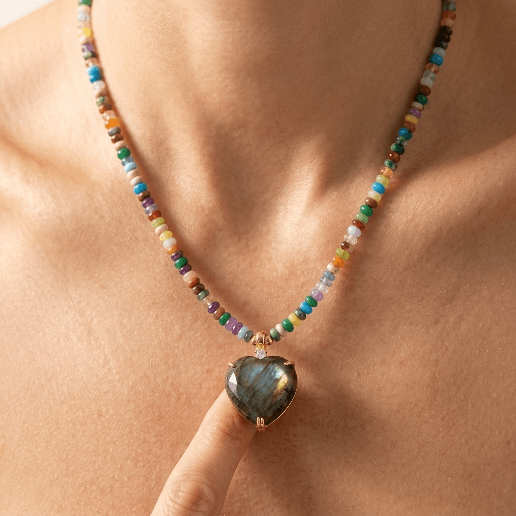 Labradorite Heart Multicolor Beaded Necklace