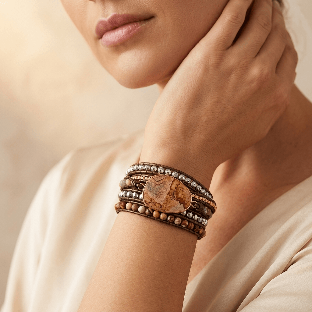 Handmade Leather Jasper Stone Wrap Bracelet