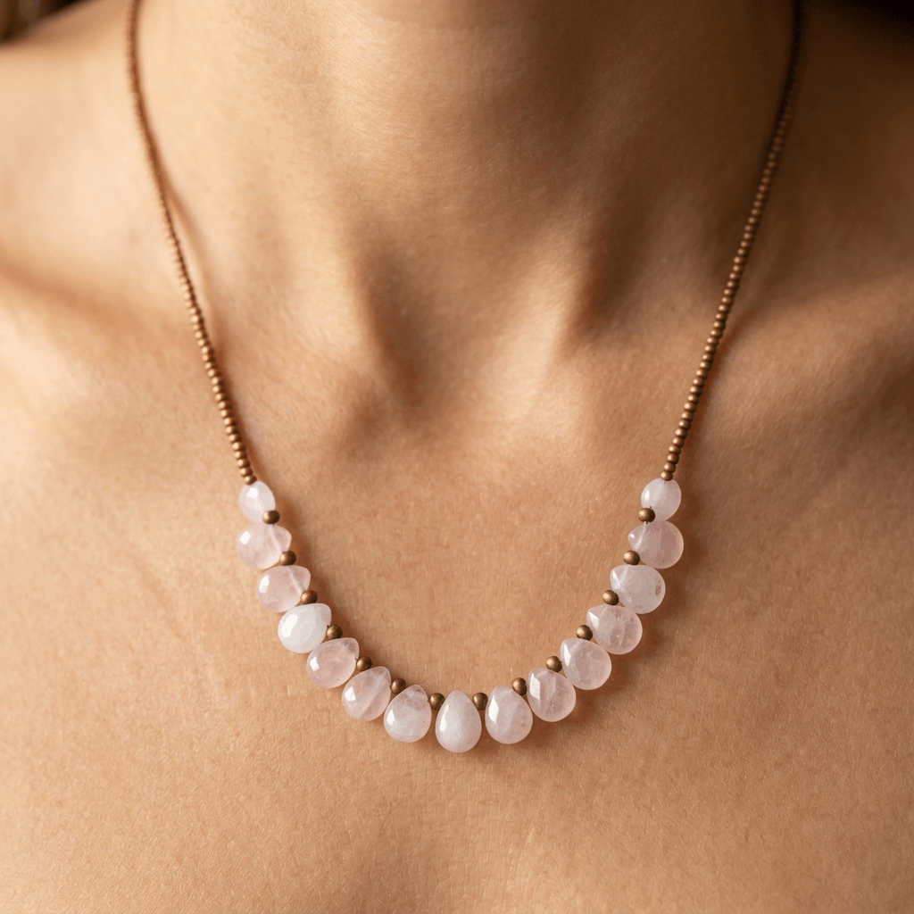 Rose Quartz Teardrop Brass Beaded Necklace