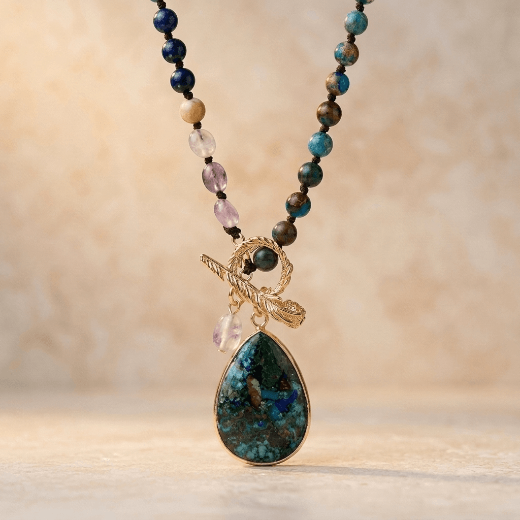 Ocean Jasper Amethyst Gold Teardrop Necklace