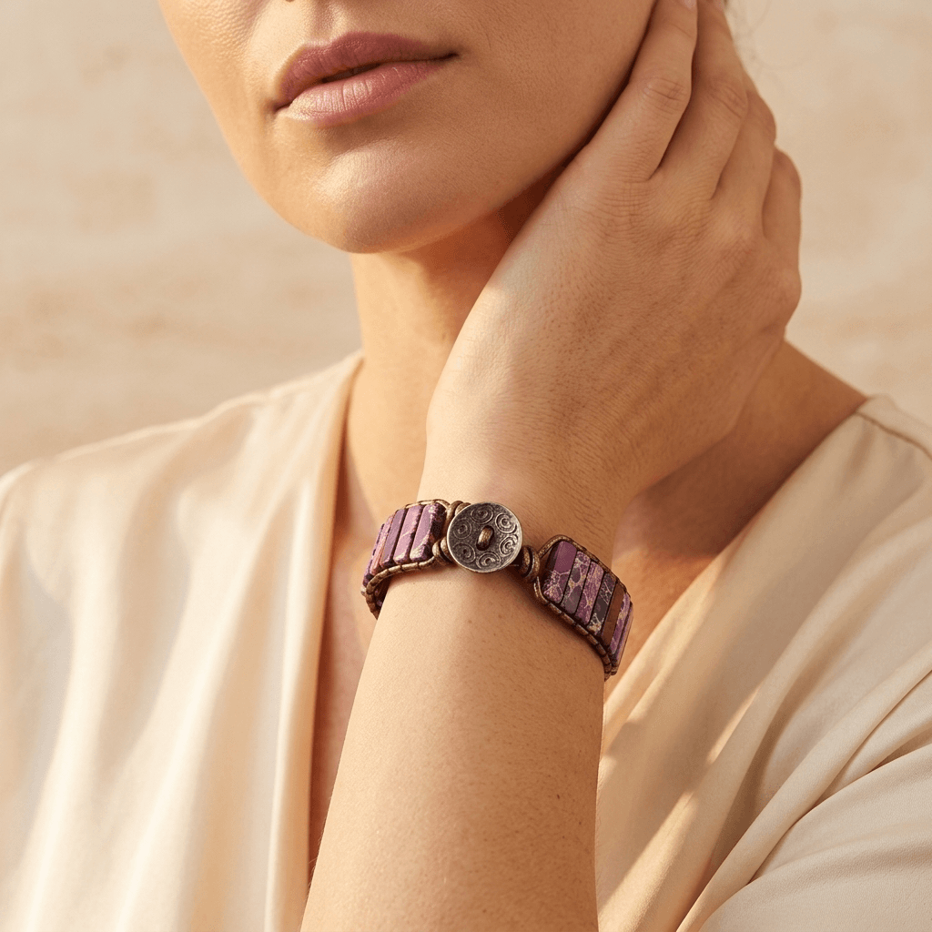 Purple Jasper Tube Beads Leather Wrap Bracelet
