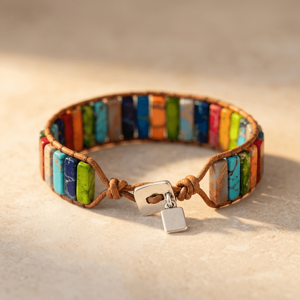 Colorful Rainbow Jasper Leather Wrap Bracelet