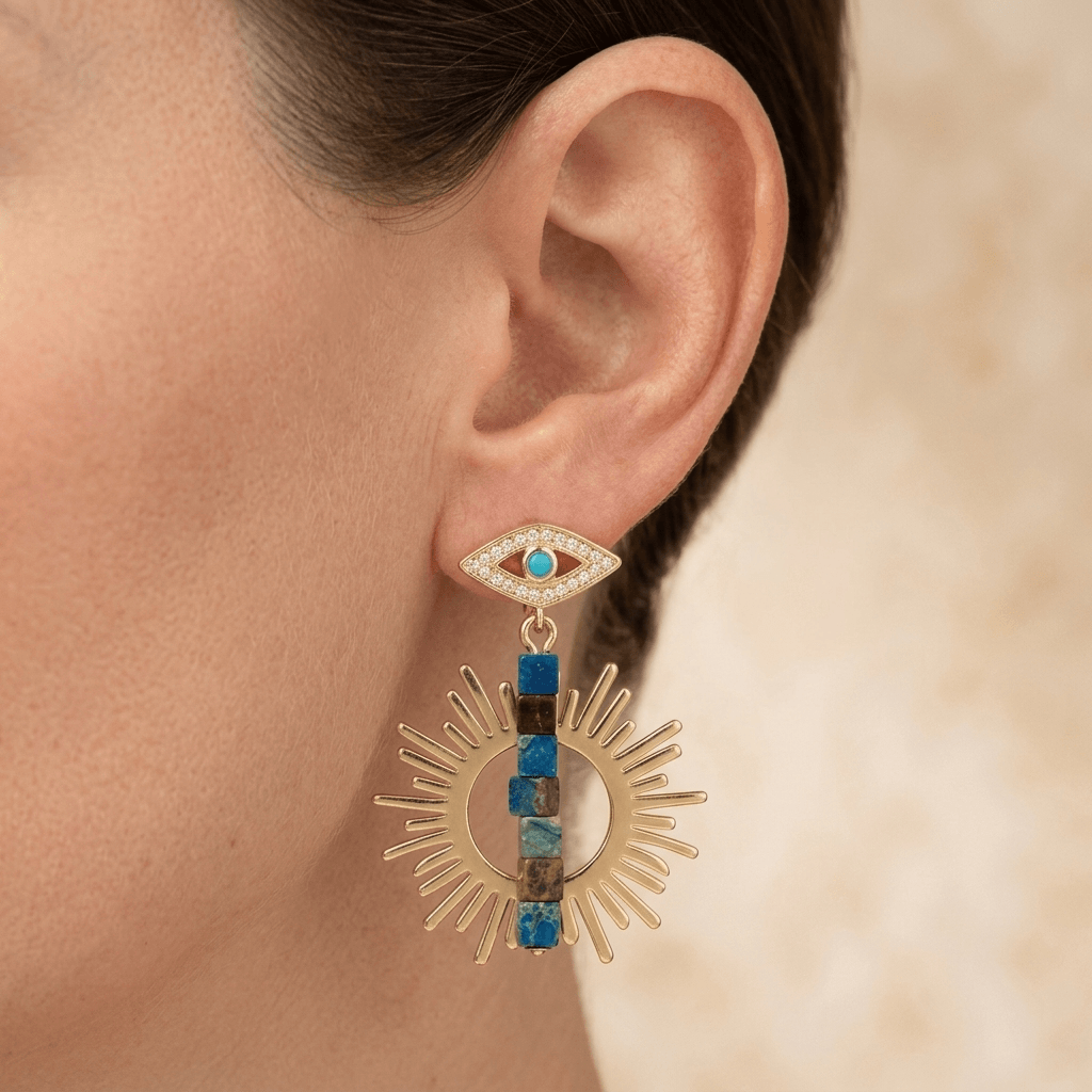Gold Evil Eye Turquoise Sunburst Drop Earrings