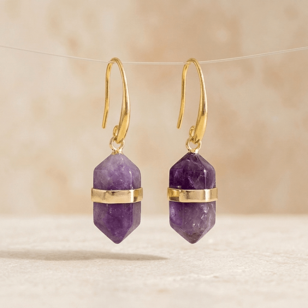 Natural Amethyst Gold Hexagonal Drop Earrings