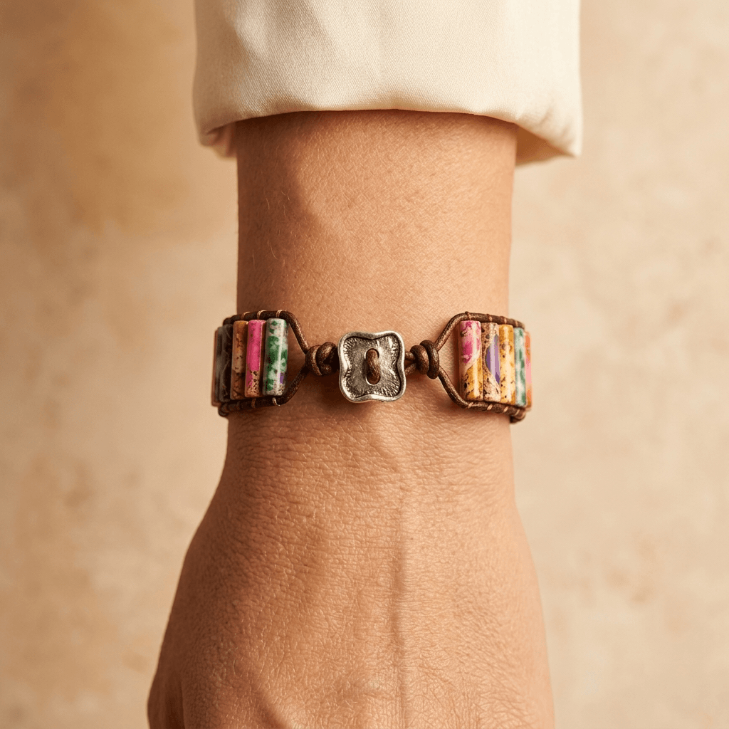 Colorful Natural Stone Leather Wrap Bracelet