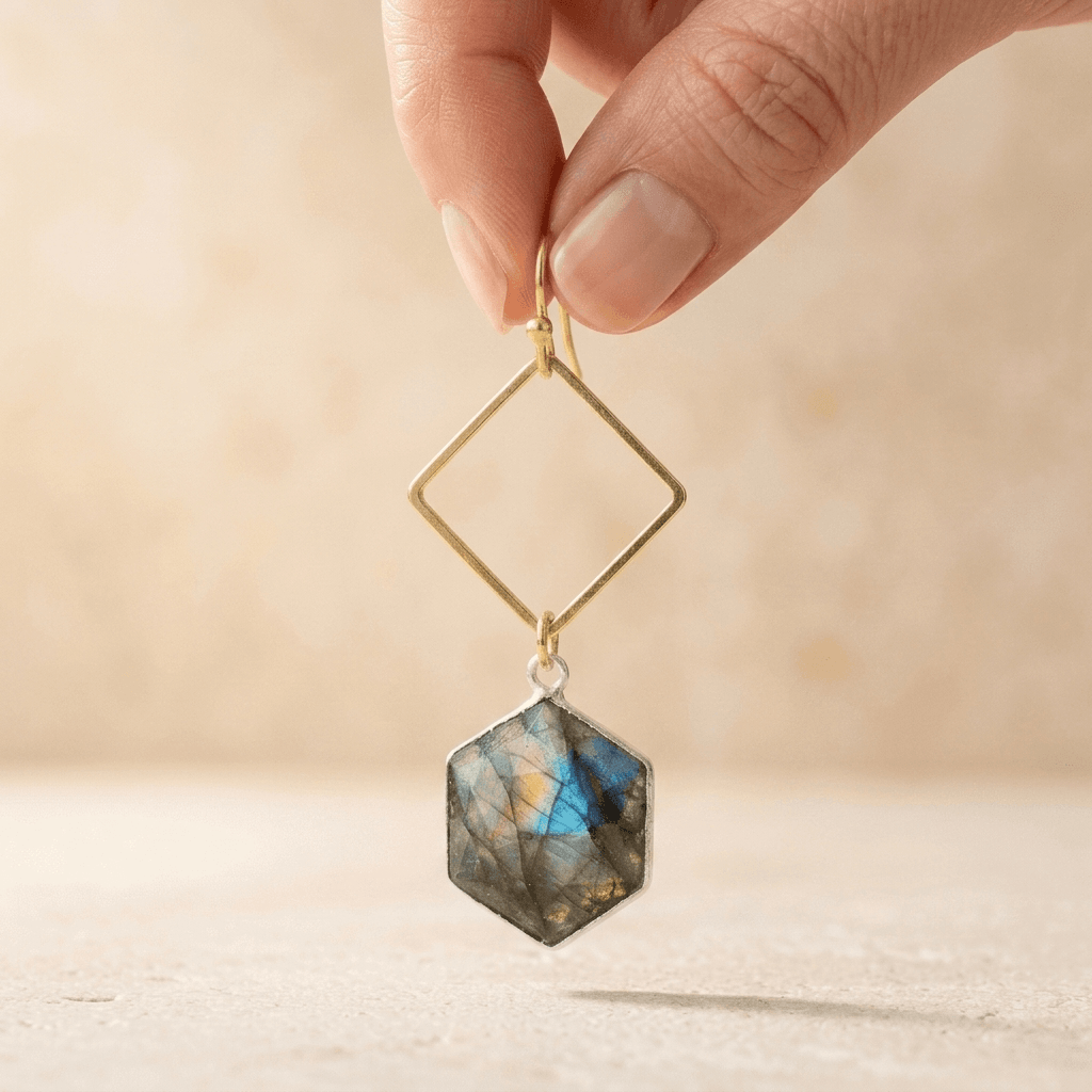 Natural Labradorite Gold Diamond Earrings