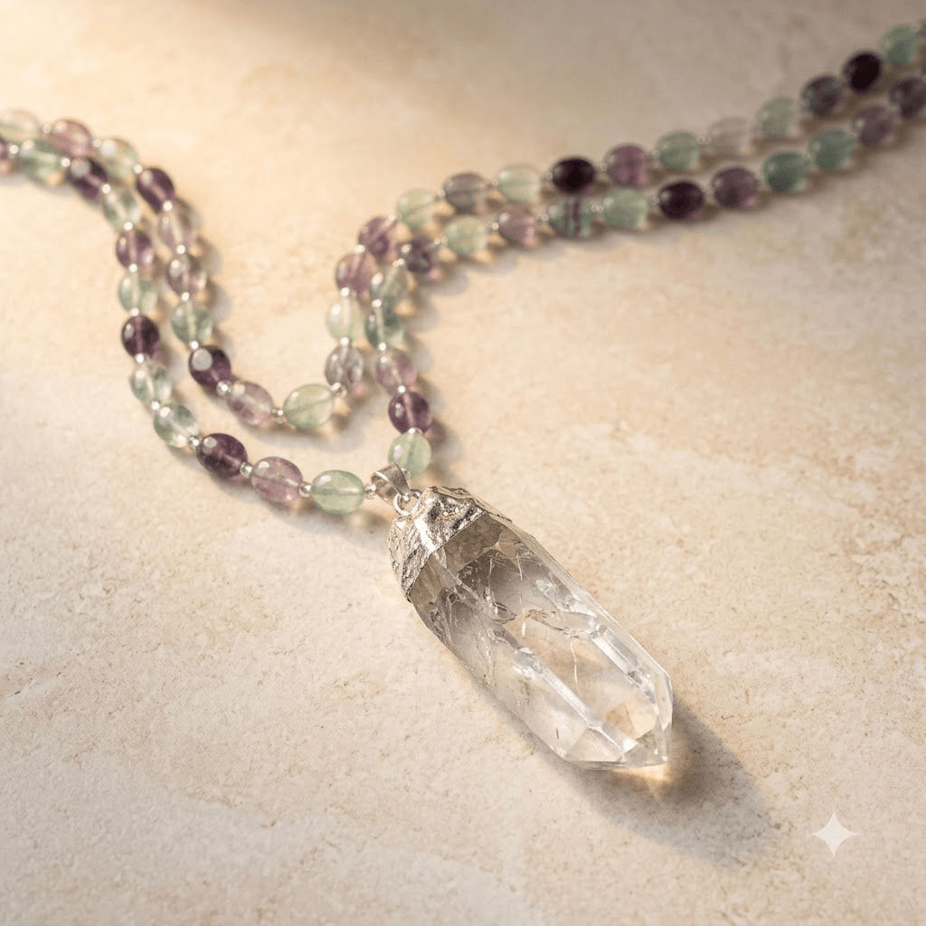 Fluorite Clear Quartz Crystal Point Pendant Necklace