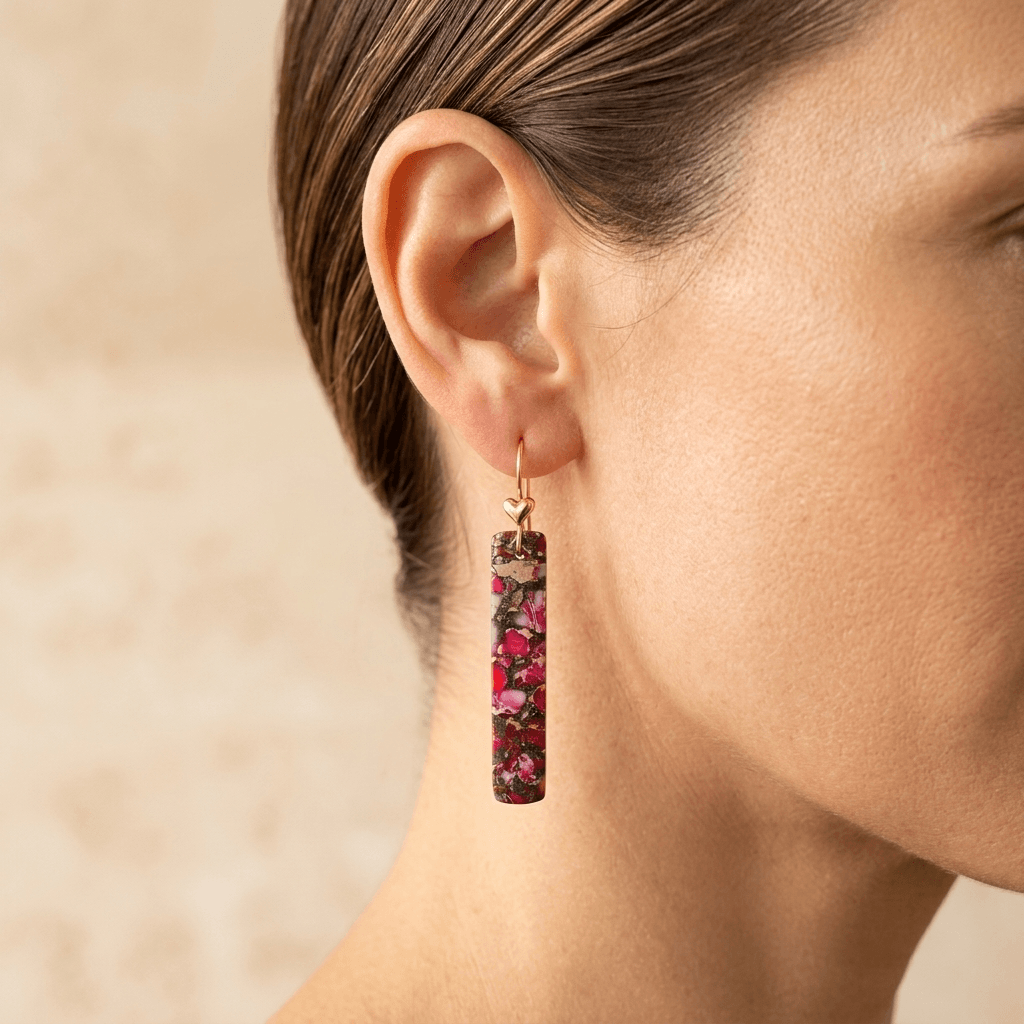 Pink Red Jasper Gold Heart Drop Earrings
