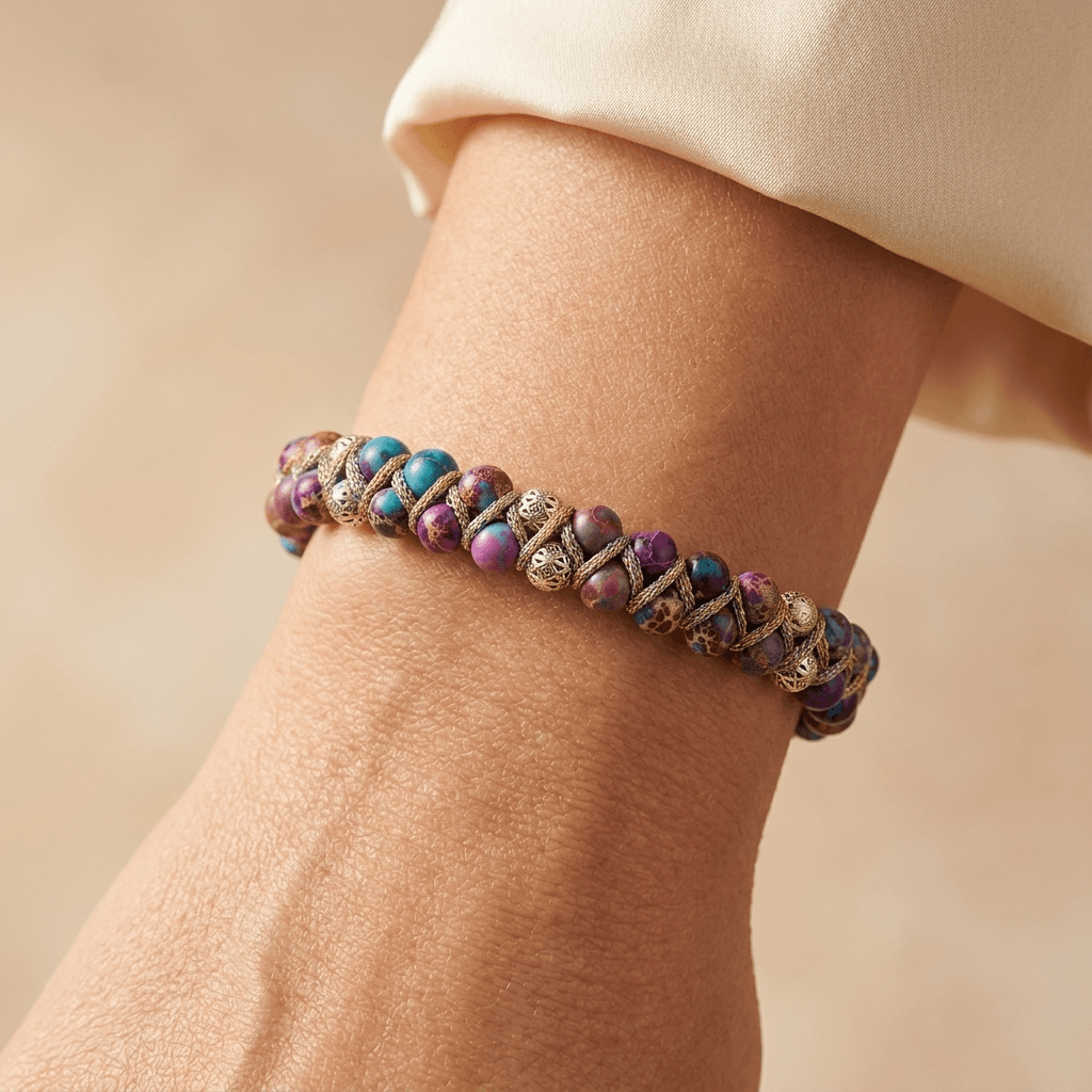 Purple Jasper Silver Beaded Adjustable Bracelet