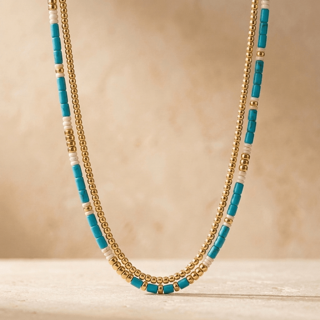 Turquoise Gold Bead Layered Necklace