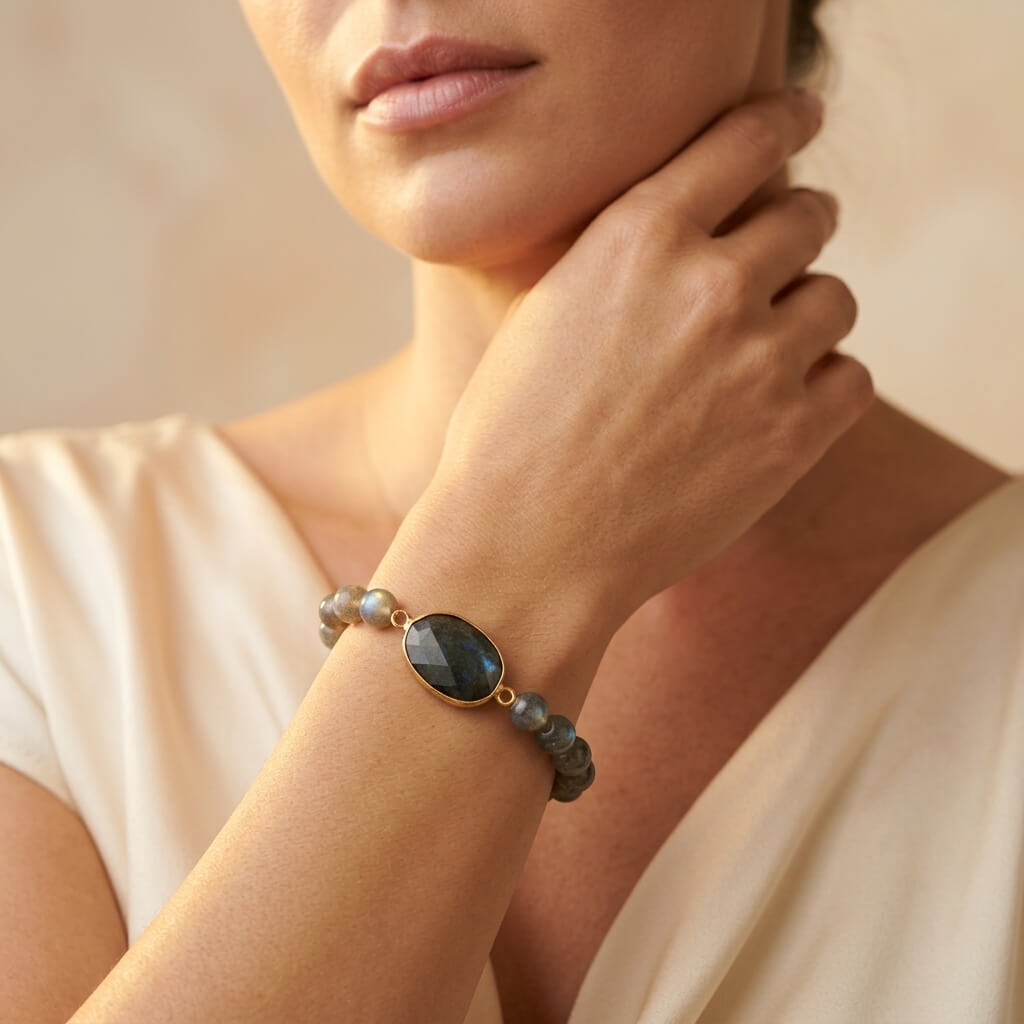 Blue Labradorite Gold Oval Beaded Bracelet