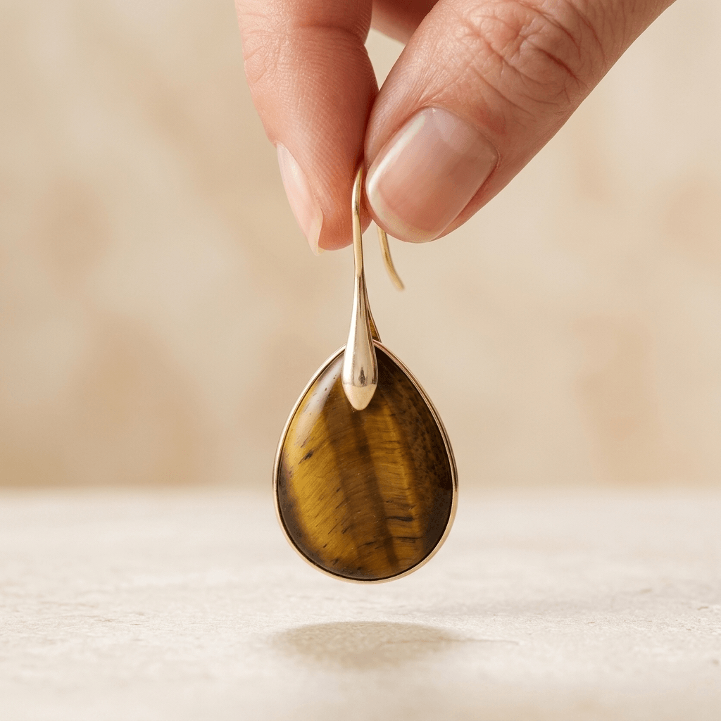 Natural Tiger Eye Gold Teardrop Earrings