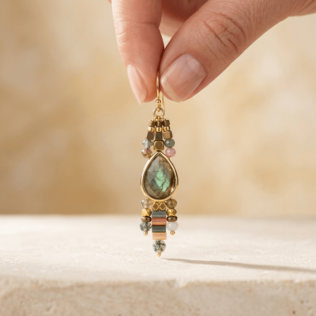 Natural Labradorite Gold Teardrop Dangle Earrings