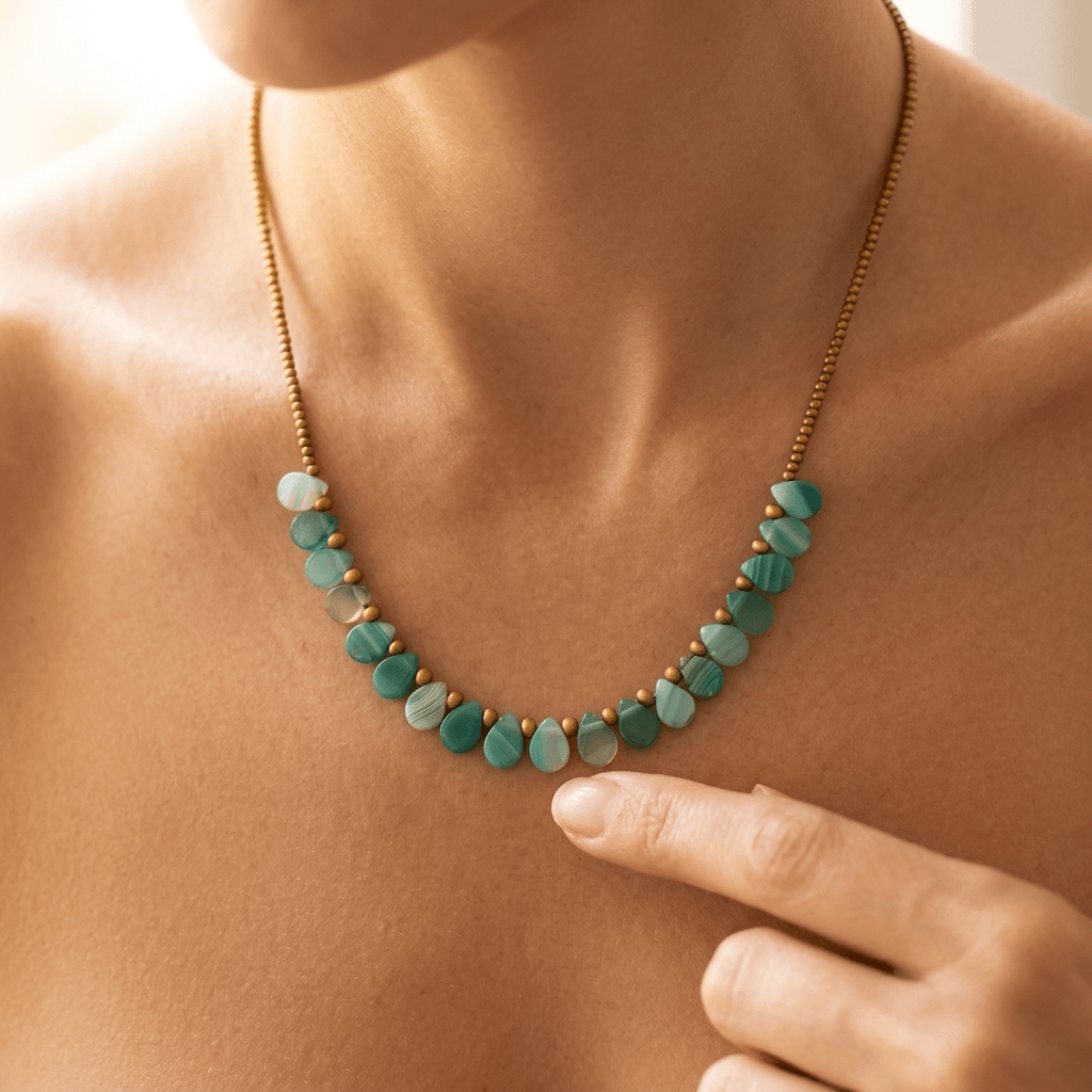 Green Onyx Brass Beaded Long Necklace