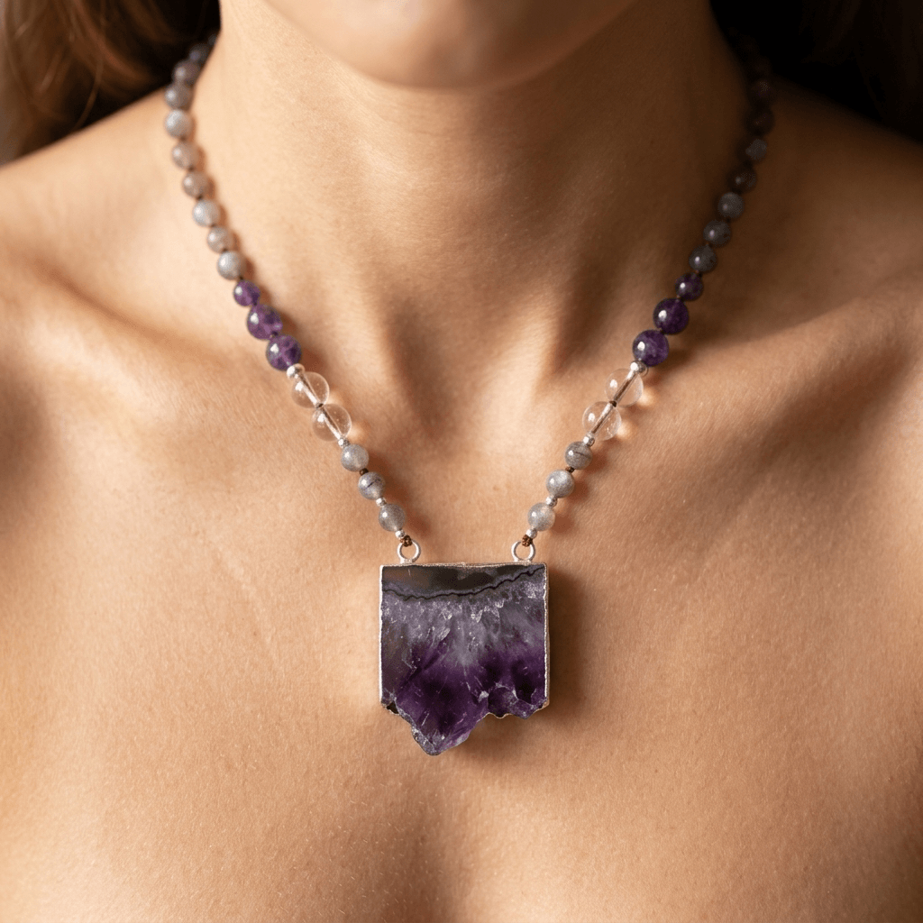 Natural Amethyst Druzy Stone Pendant Necklace