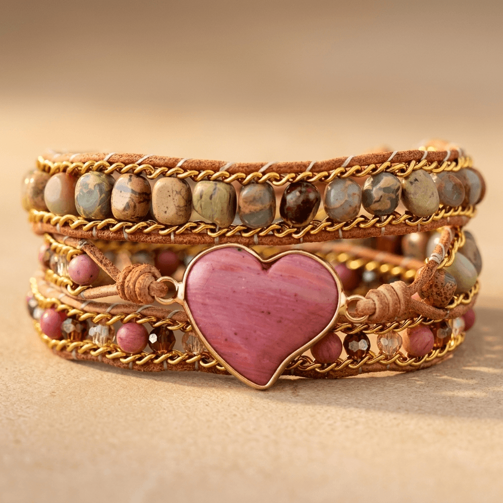 Natural Rhodonite Heart Gold Wrap Bracelet