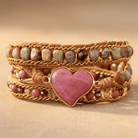 Natural Rhodonite Heart Gold Wrap Bracelet