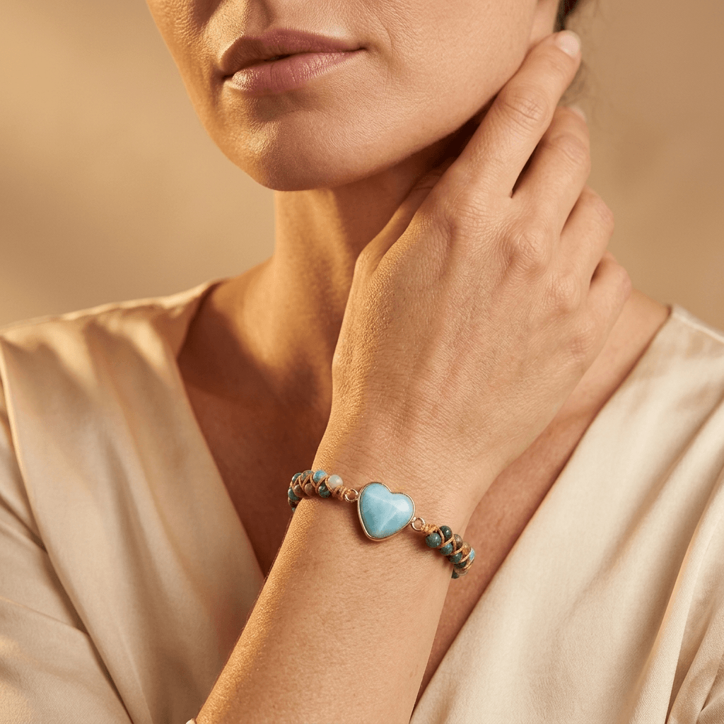Boho Larimar Heart Gold Beaded Bracelet