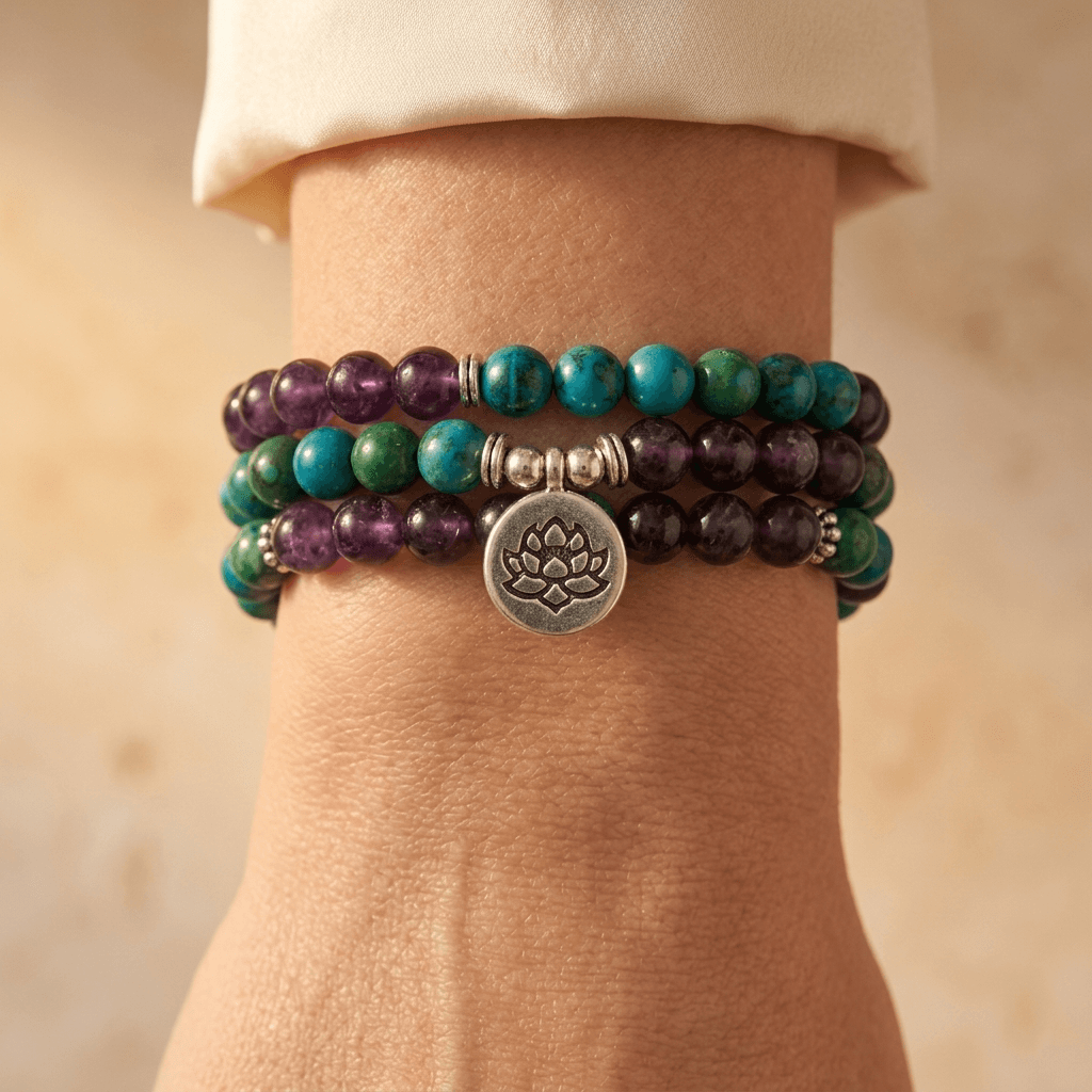 Amethyst Chrysocolla Silver Lotus Wrap Bracelet