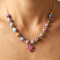 Boho Gold Pink Purple Stone Heart Necklace