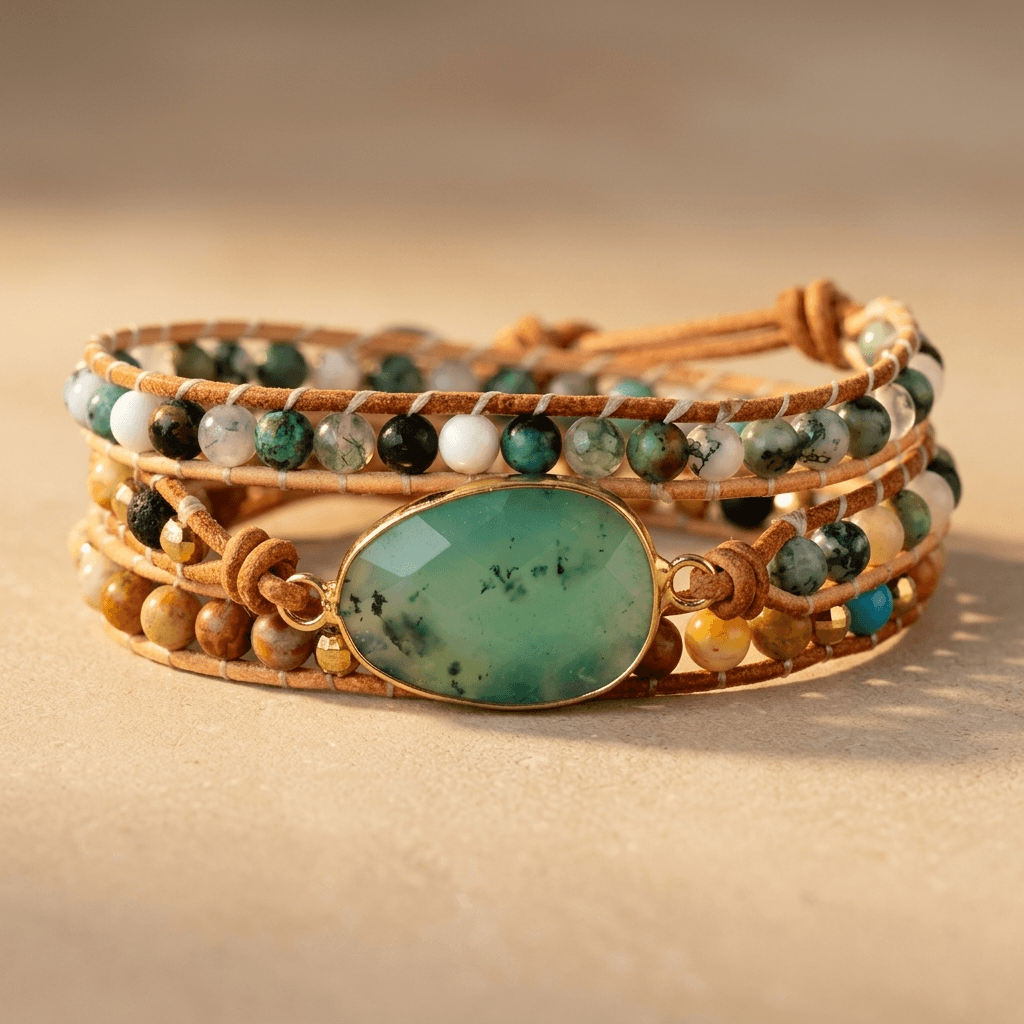 Green Jade Leather Wrap Bracelet