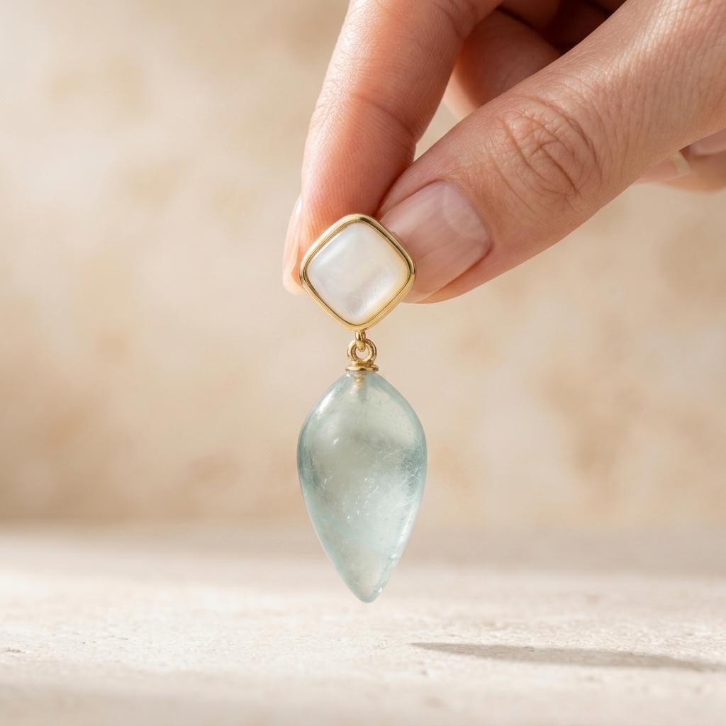 Natural Aquamarine Gold Seashell Drop Earrings