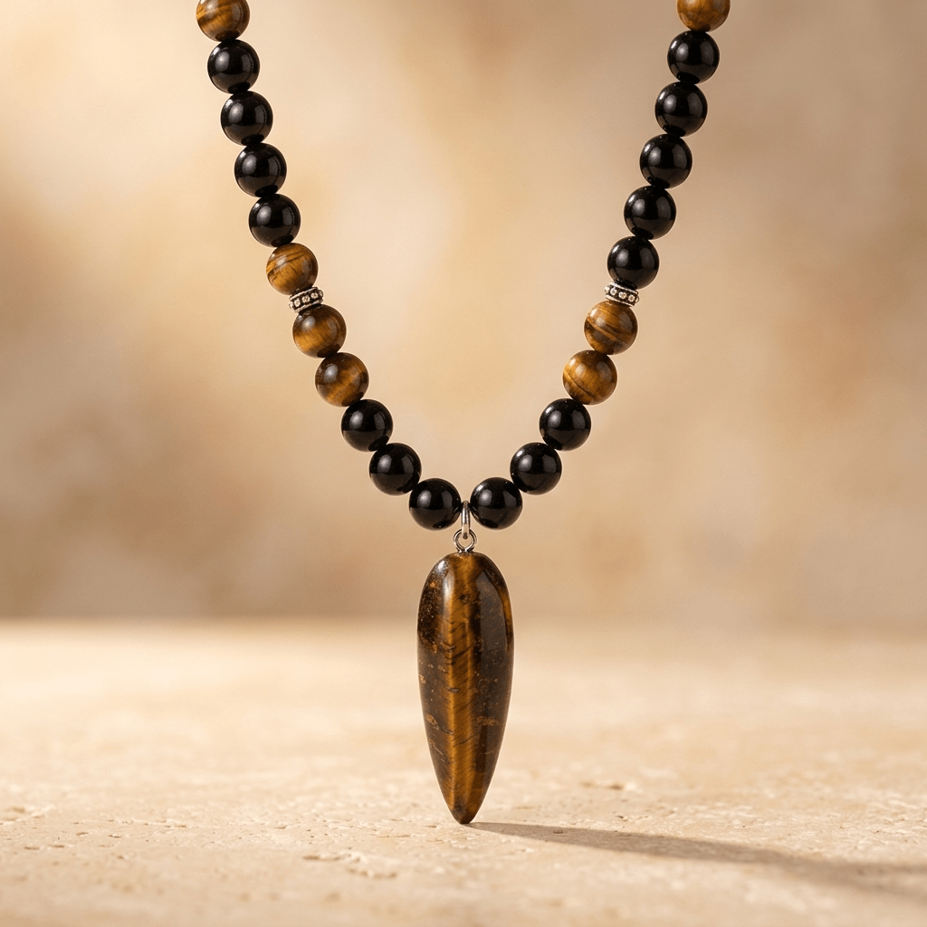 Natural Tiger Eye Black Onyx Mala Necklace