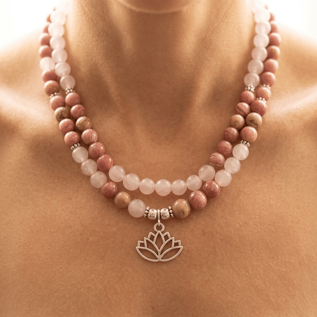 Rhodonite Rose Quartz Lotus Pendant Necklace