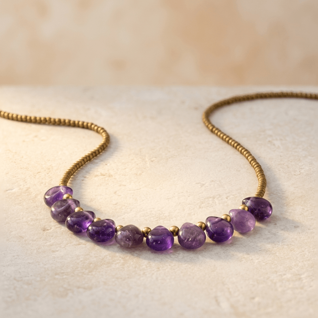 Amethyst Teardrop Brass Bead Necklace