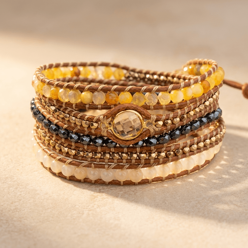 Boho Leather Citrine Wrap Bracelet