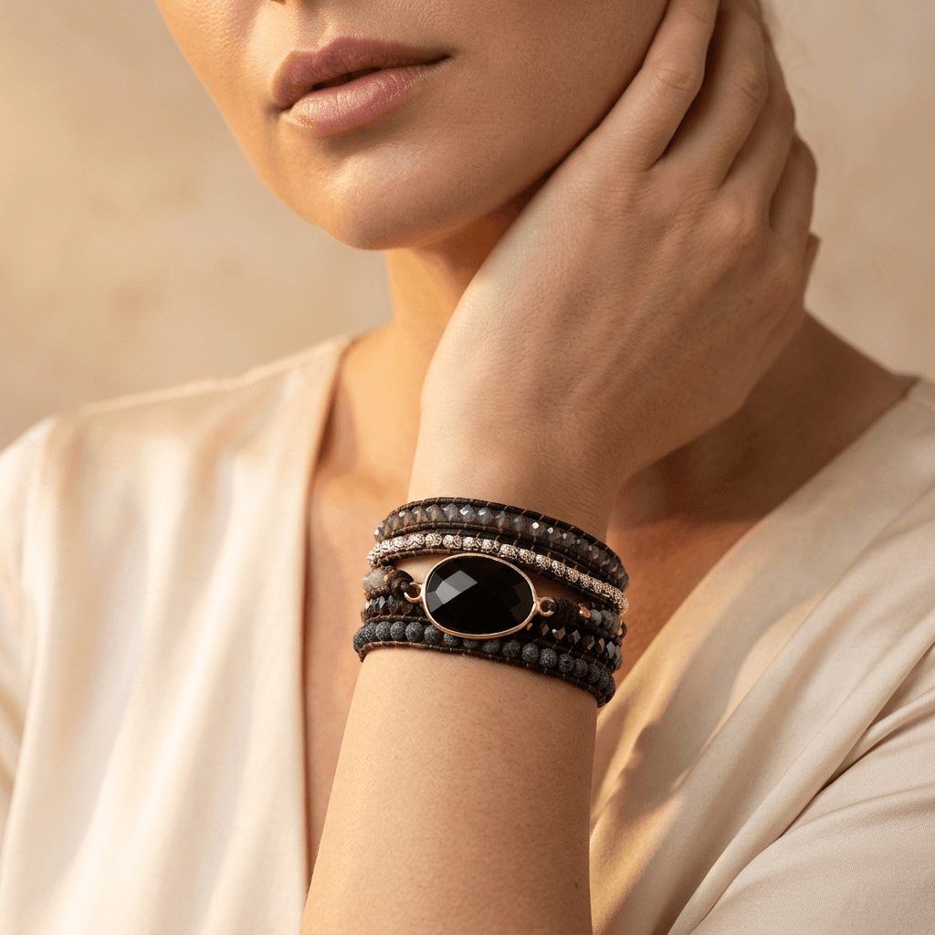 Black Onyx Gold Oval Wrap Bracelet