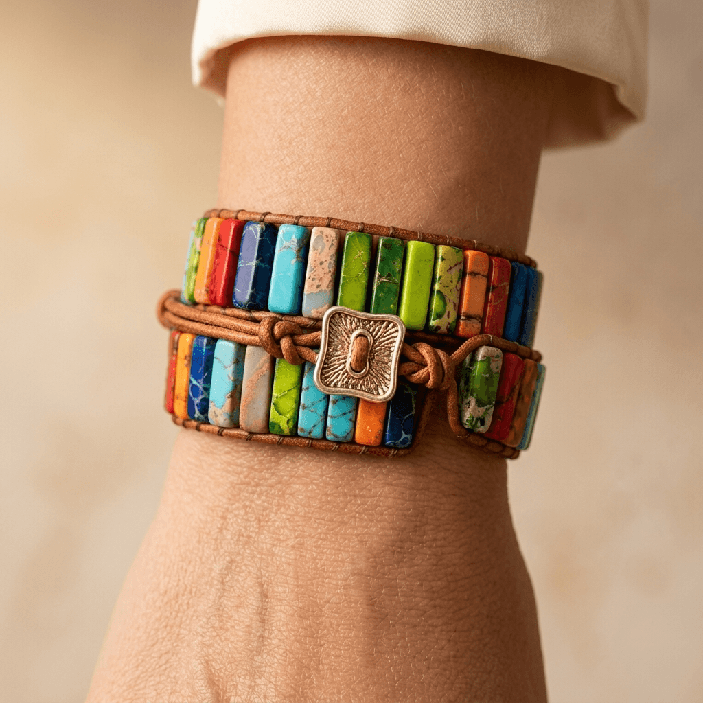 Colorful Rainbow Jasper Leather Wrap Bracelet