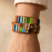 Colorful Rainbow Jasper Leather Wrap Bracelet