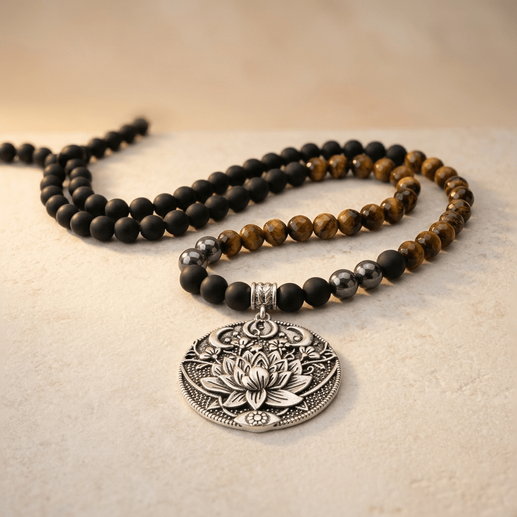 Tiger Eye Matte Black Onyx Lotus Pendant Necklace