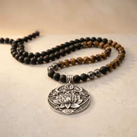 Tiger Eye Matte Black Onyx Lotus Pendant Necklace