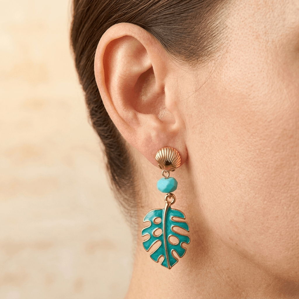 Tropical Gold Turquoise Leaf Drop Earrings