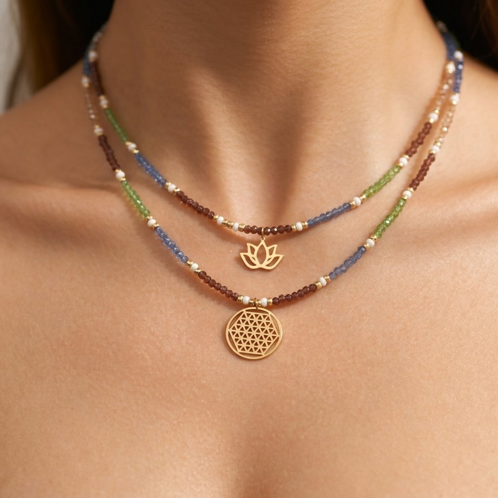 Boho Gold Lotus Gemstone Layered Necklace
