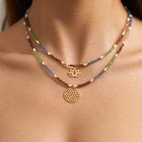 Boho Gold Lotus Gemstone Layered Necklace