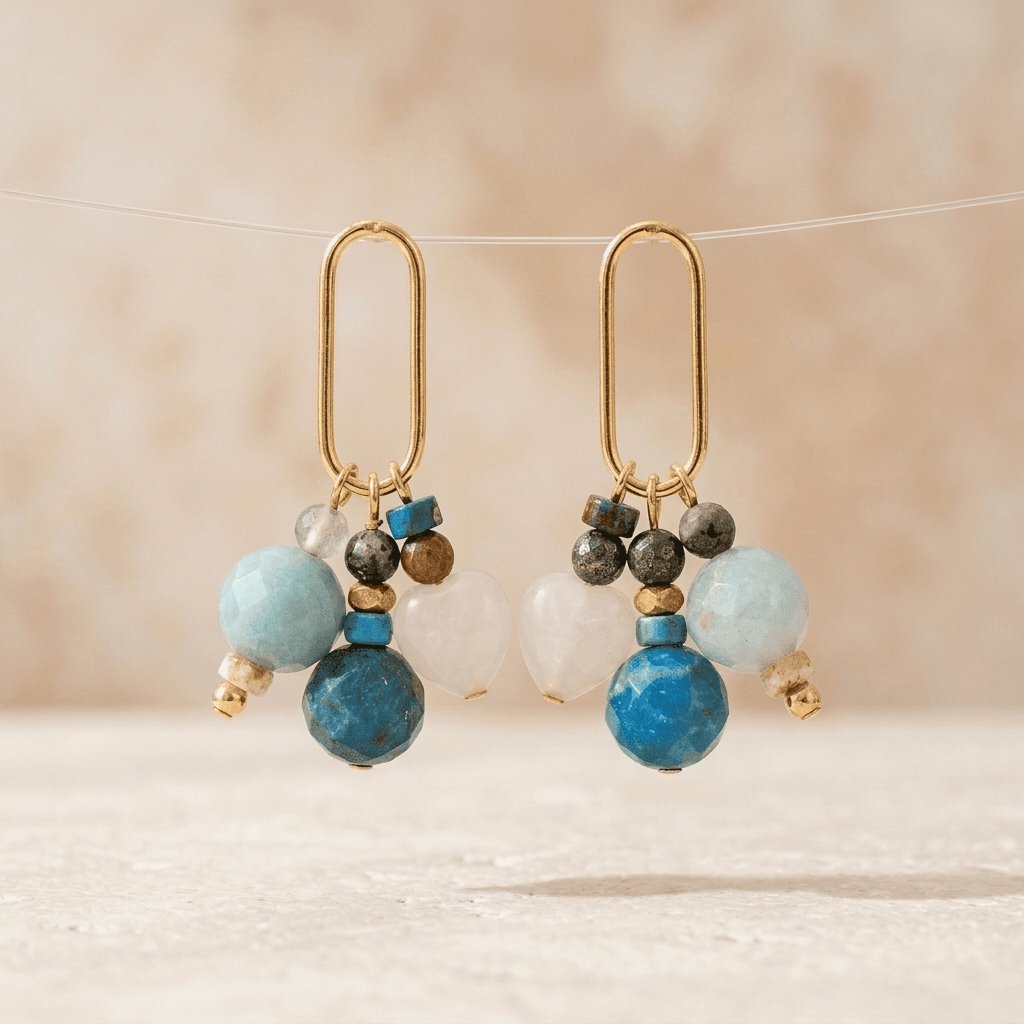 Gemstone Beaded Gold Oval Drop Earrings