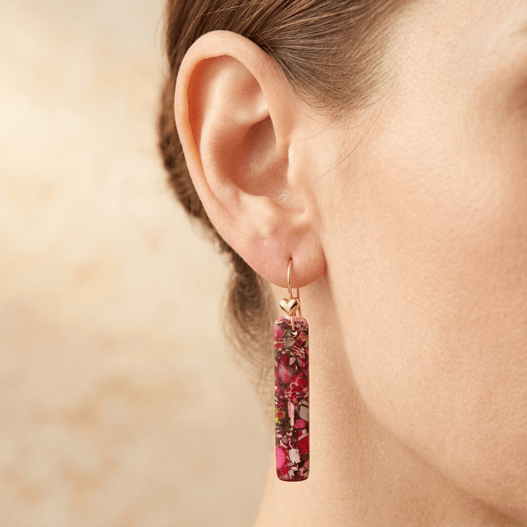 Pink Red Jasper Gold Heart Drop Earrings