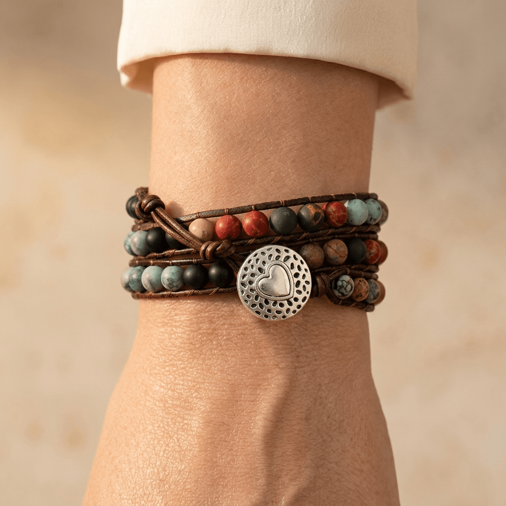 Natural Stone Leather Wrap Heart Bracelet