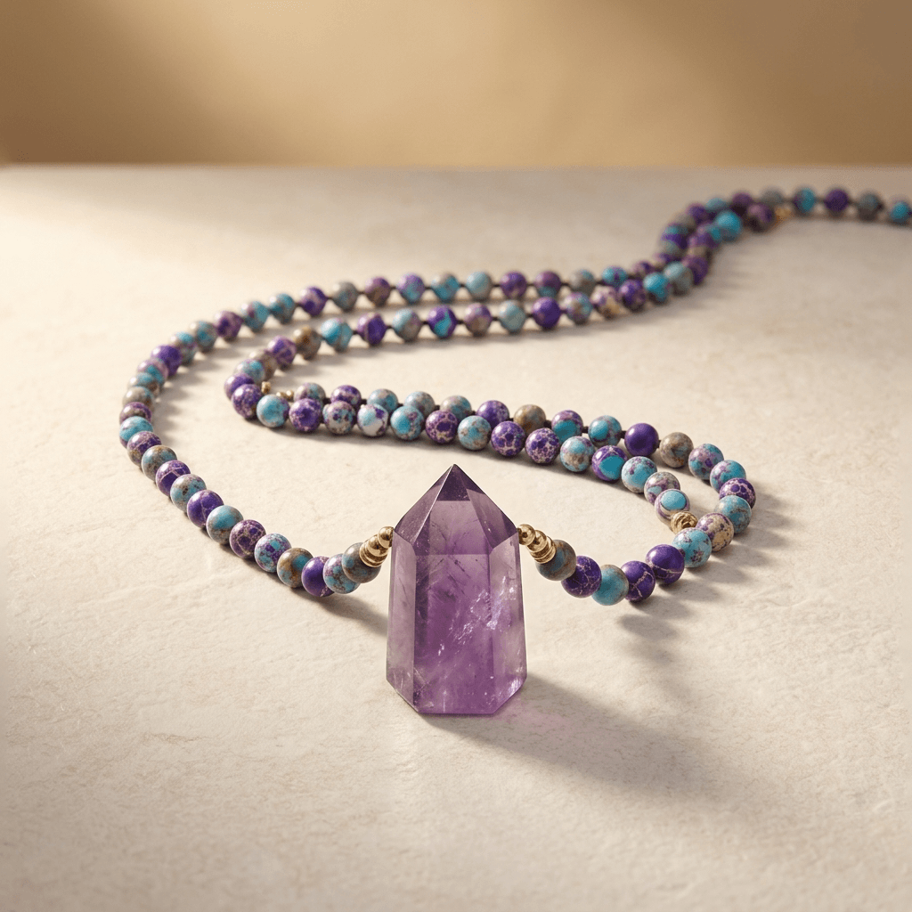 Purple Amethyst Gold Beaded Point Pendant Necklace